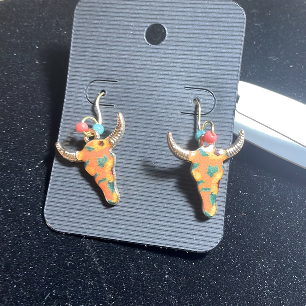 Sunflower cow skull earrings